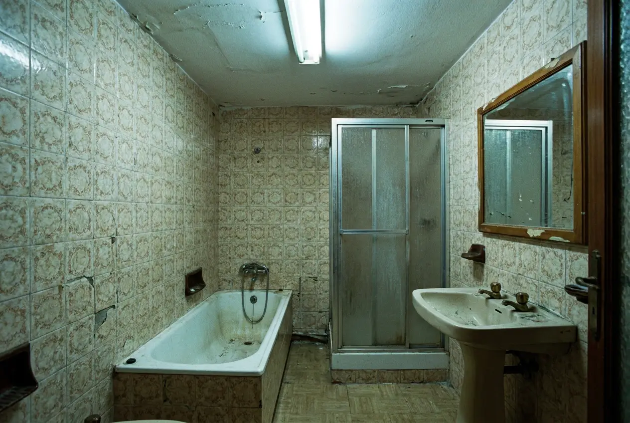 Recreación de un baño antiguo de los años 80 antes de reformar, con azulejo marrón y bañera vieja