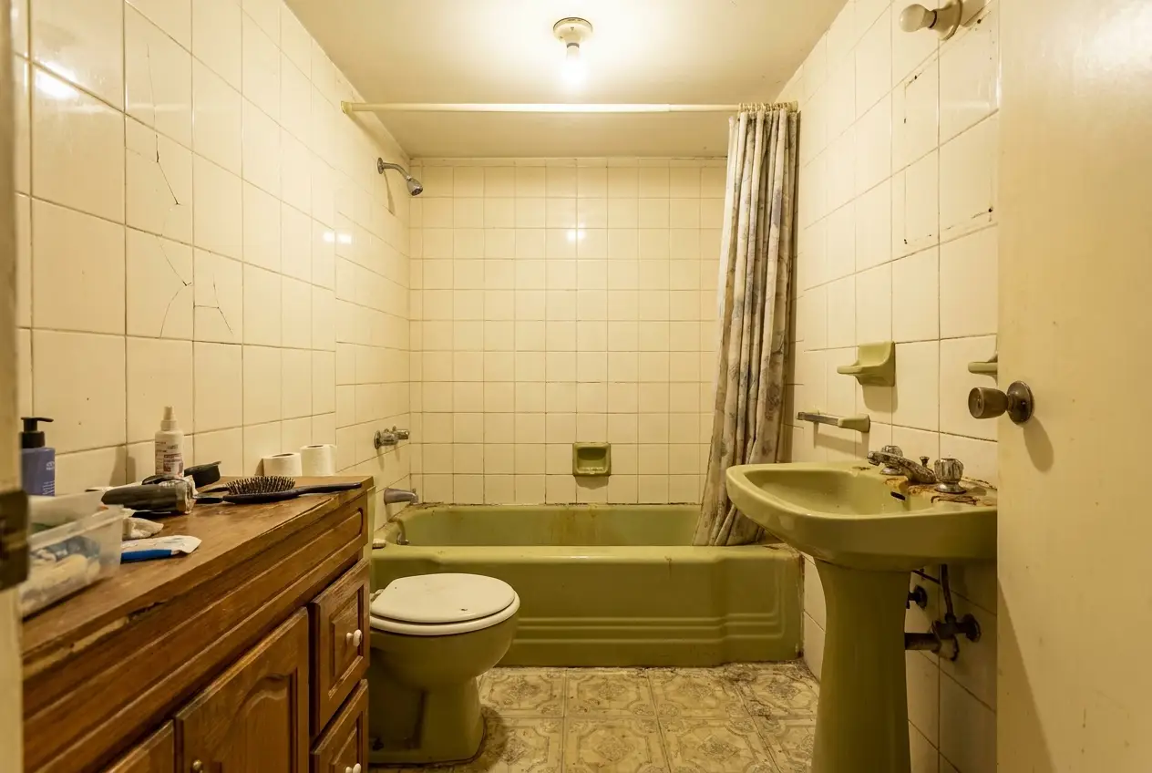 Recreación de un baño pequeño y anticuado antes de reformar, con bañera y azulejo agrietado