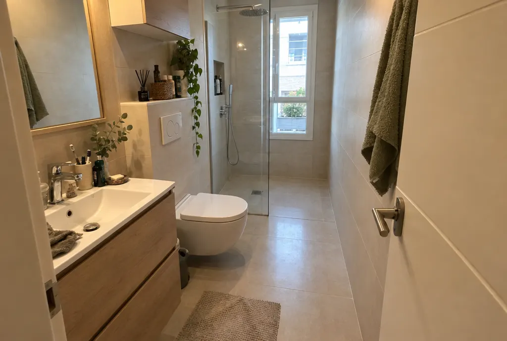 Baño estrecho y alargado con ducha a ras de suelo al fondo, suelo continuo beige, mampara fija e inodoro suspendido