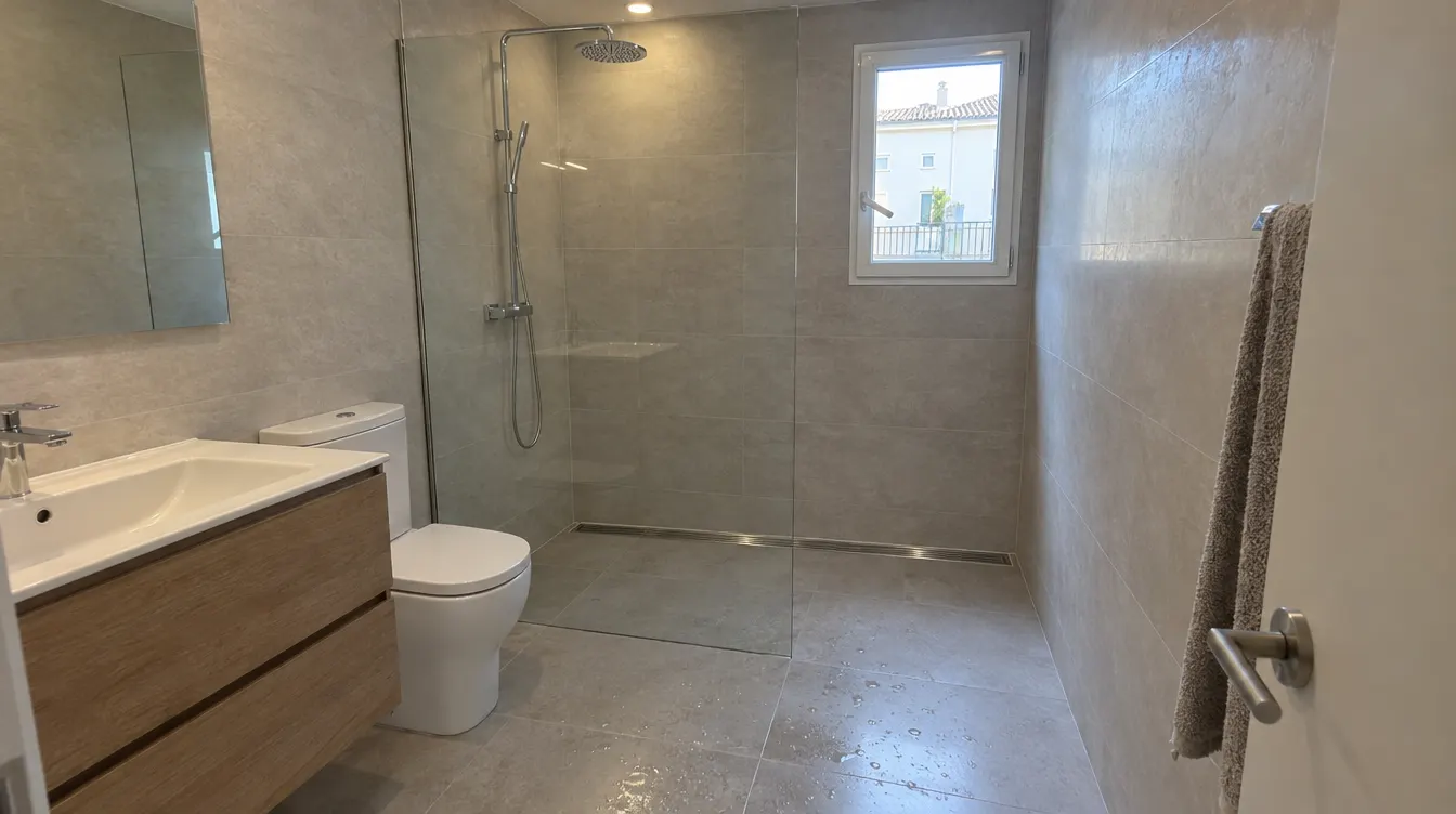 Ducha italiana a ras de suelo con porcelánico gris continuo, sumidero lineal junto a la pared y mampara fija de cristal