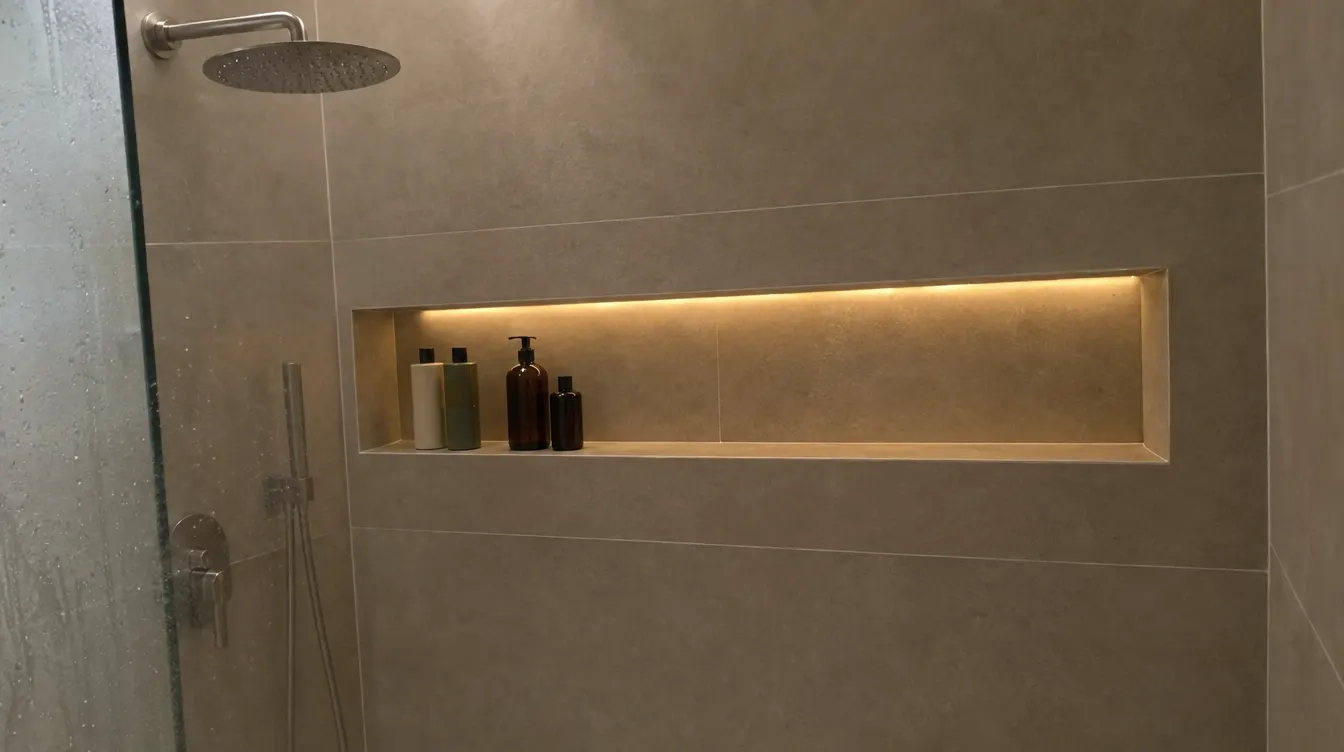 Hornacina horizontal alargada en la pared de una ducha alicatada en gris cálido, con tira LED cálida y botes de champú