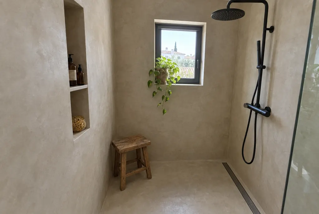 Ducha de microcemento beige con hornacina vertical de una balda, columna de ducha negra, ventana pequeña y taburete de madera
