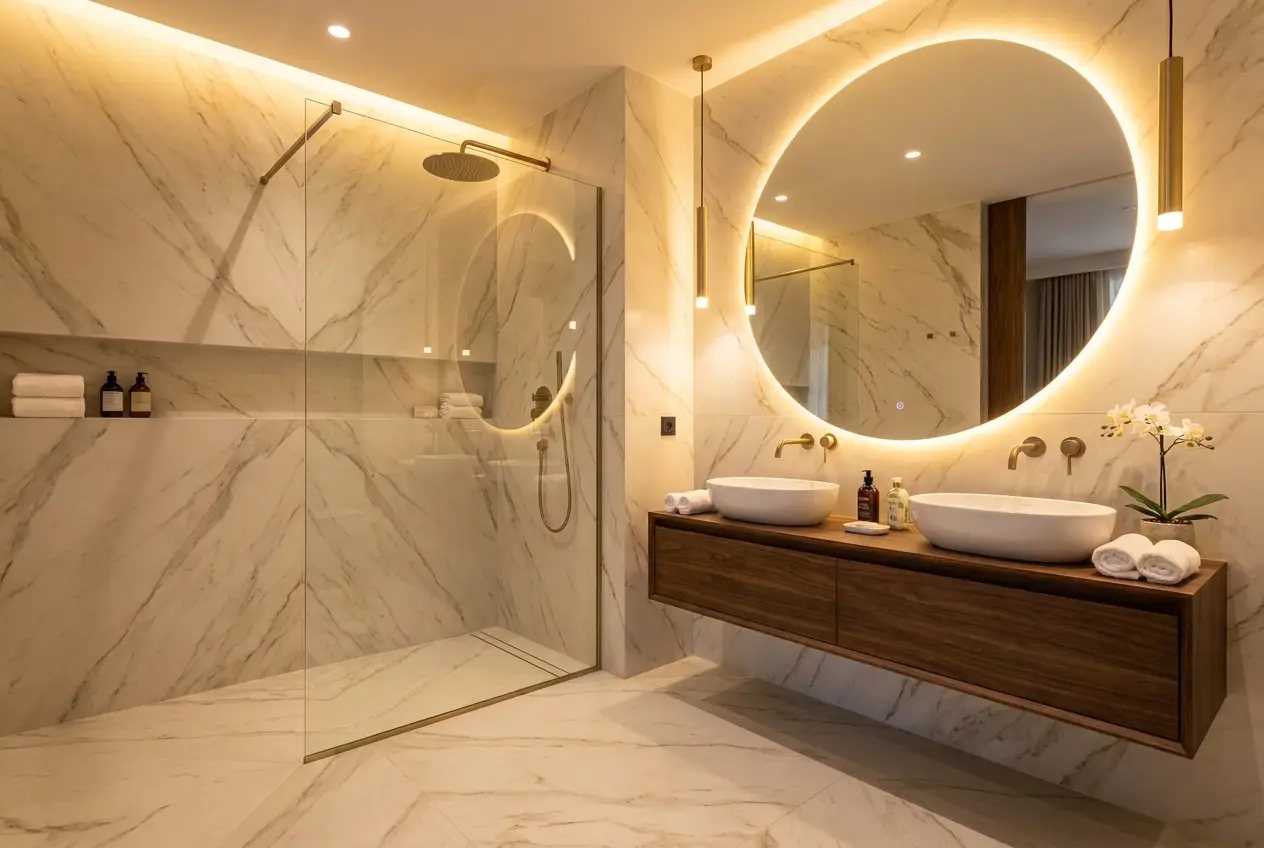 Baño elegante con porcelánico de gran formato efecto mármol Calacatta, ducha y grifería dorada