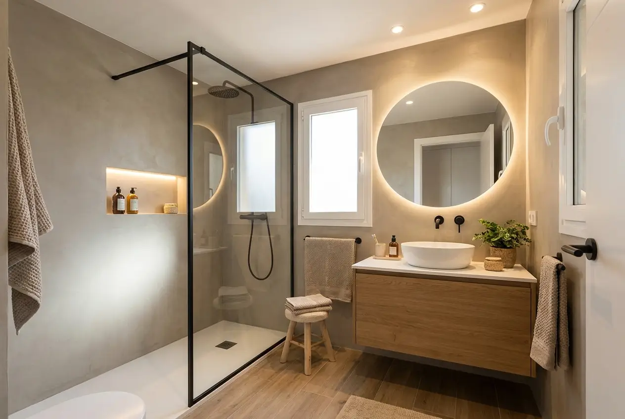 Baño moderno reformado con microcemento, ducha a ras de suelo de perfil negro y mueble de madera