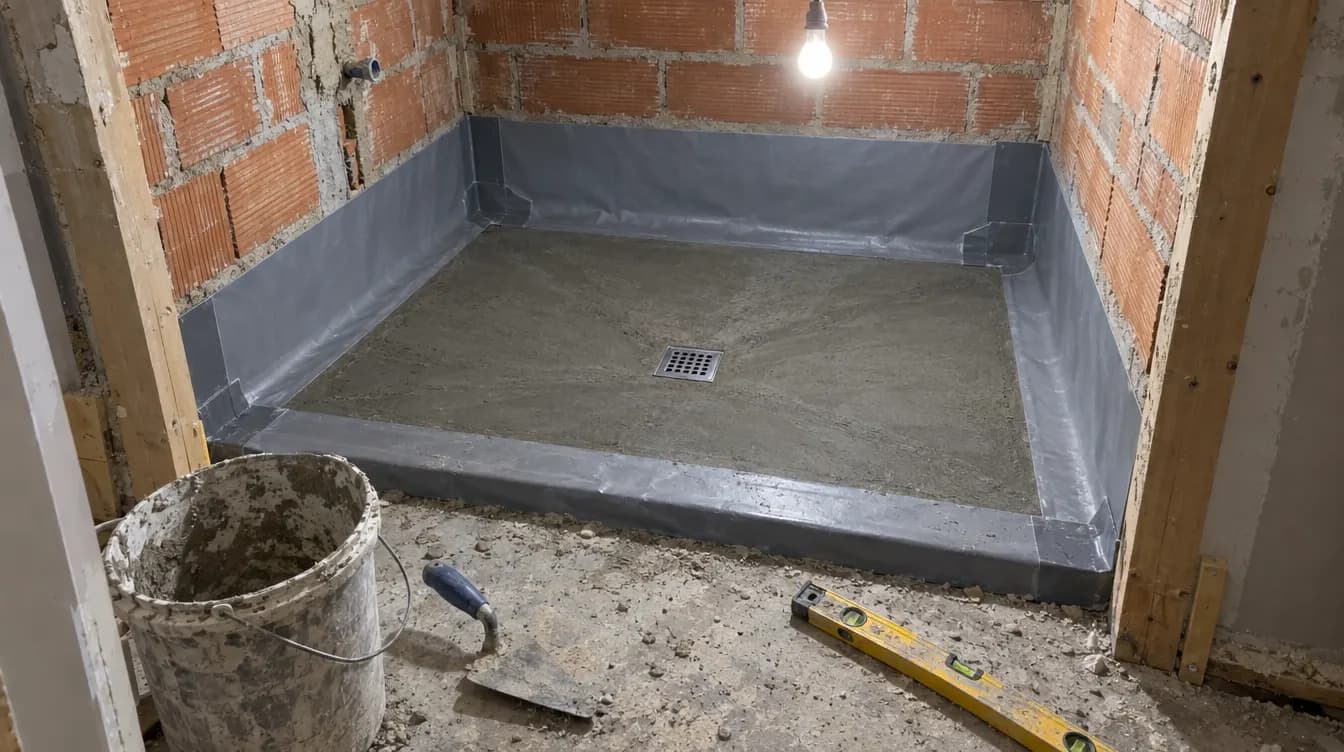 Zona de ducha en obra con el mortero de pendientes hacia un sumidero cuadrado y lámina impermeabilizante gris en el perímetro y las paredes